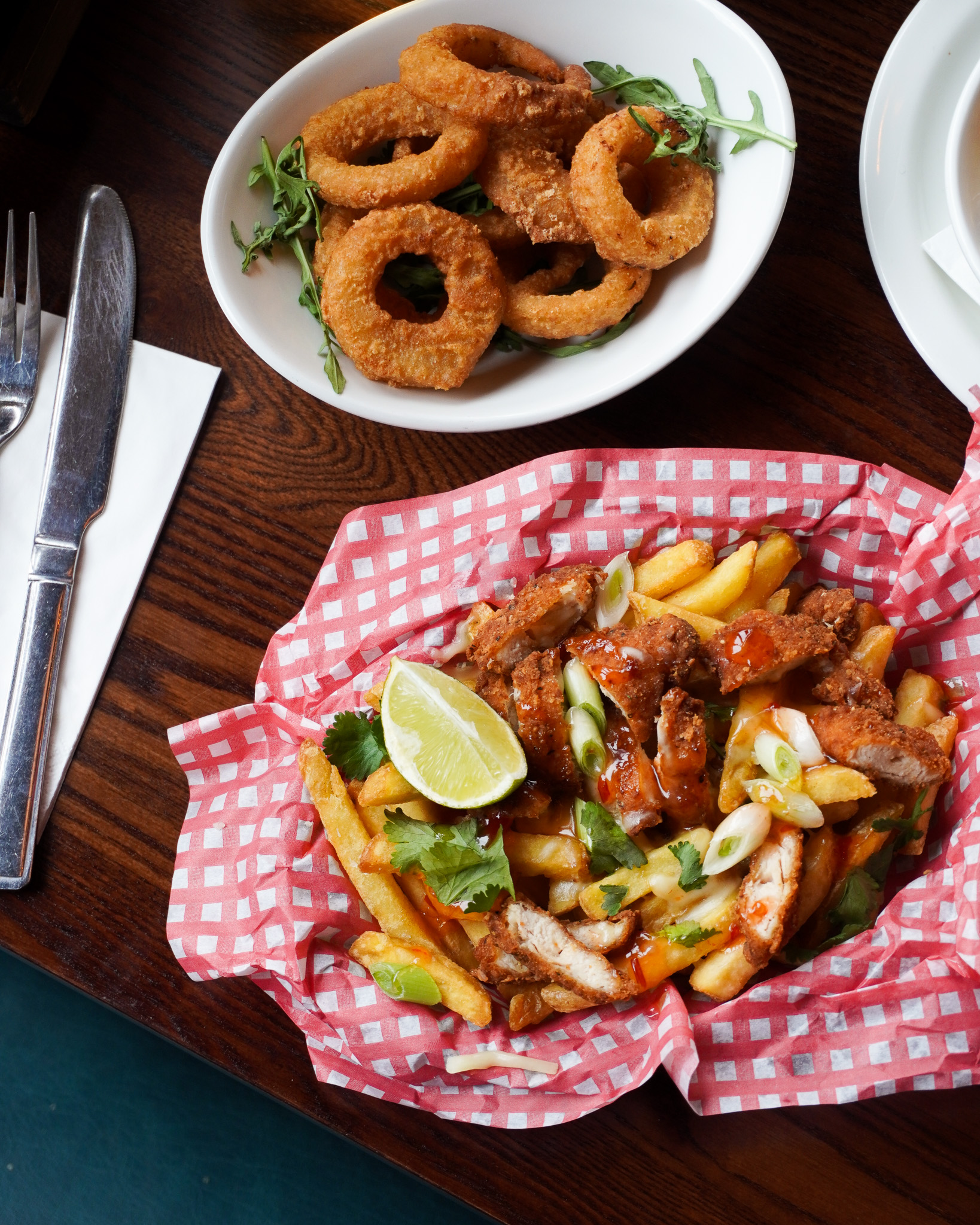 Loaded fries and onion rings