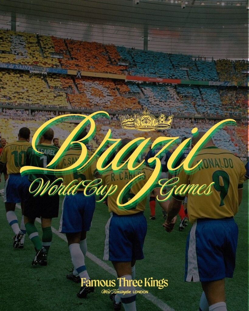 Photo of Brazil team walking into a stadium with text overlayed on top