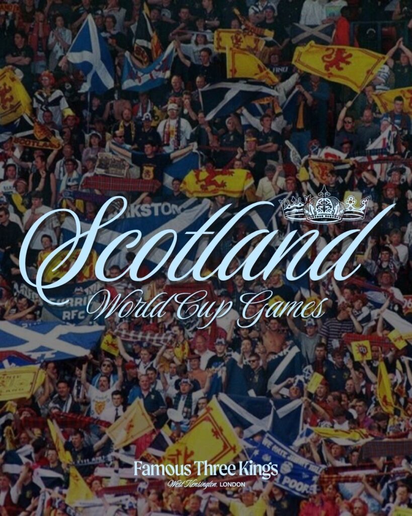 Photo of a football crowd waving Scotland flags with text overlayed on top